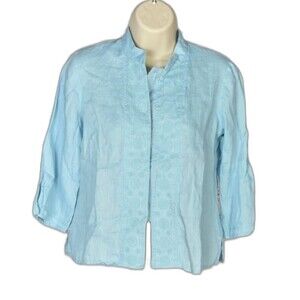 KENAR LINEN BLUE EMBROIDERED BLOUSE MANDARIN COLLAR SIZE PS